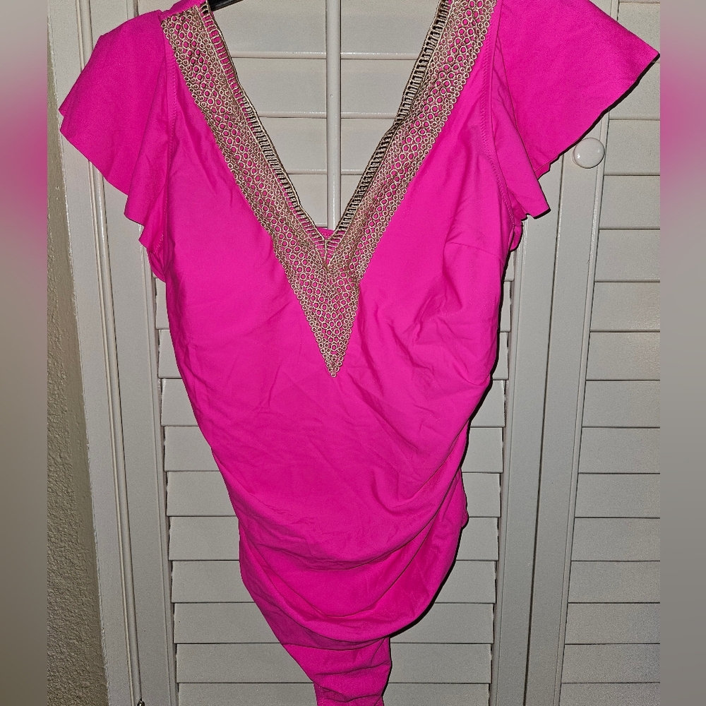 Pink One-Piece Swimsuit with Embellished V-Neck